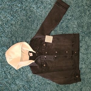 Fabkids, Stonewash Black, Denim Jacket w/fleece Cream Color hood, Toddler Boys